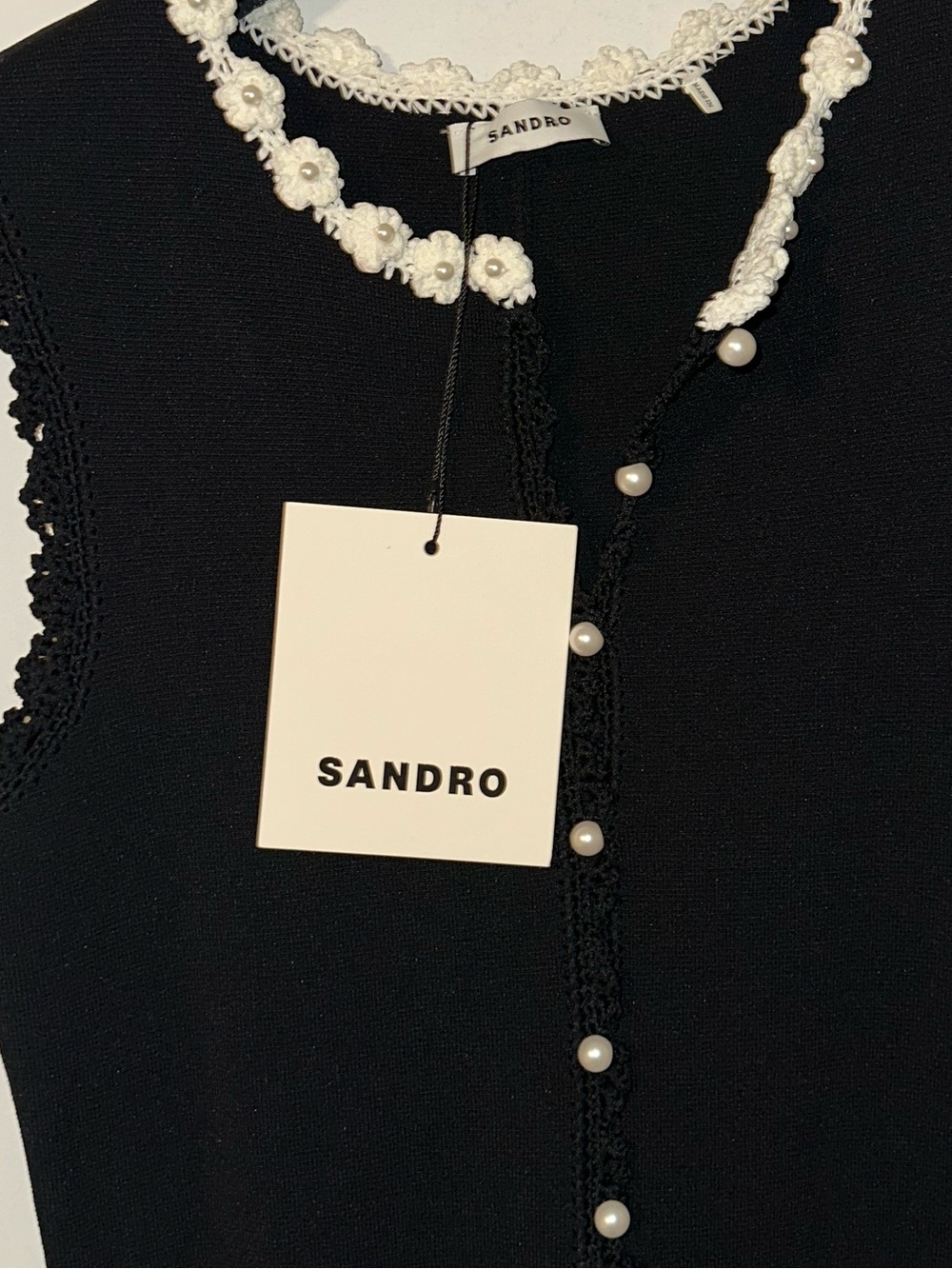 SANDRO Scalloped-Trim Knitted Black & White Floral Detail Maxi Dress Size 34 - Picture 13 of 13